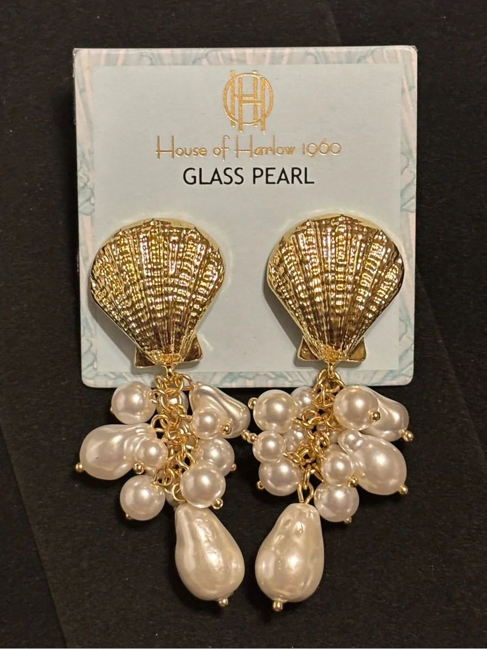 House of Harlow 1960 Seashell Drop Earrings with Glass Pearl Clusters NWT